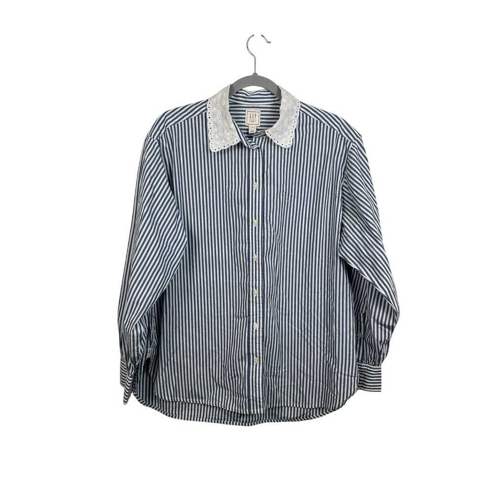 Gap x DOEN Button Down Shirt Womens XS Blue Striped Eyelet Excellent Cottagecore